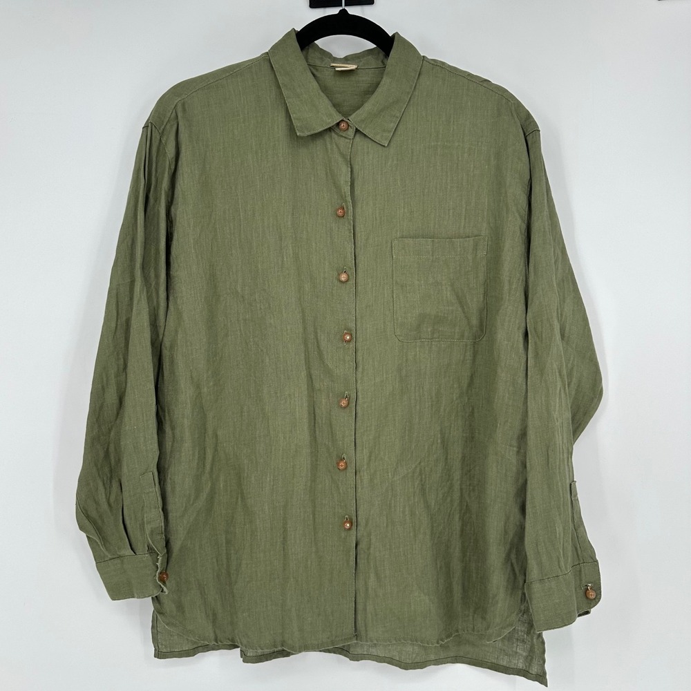 Magaschoni Olive Green 100% Linen Button Up Tunic Button Up Casual Lagenlook M